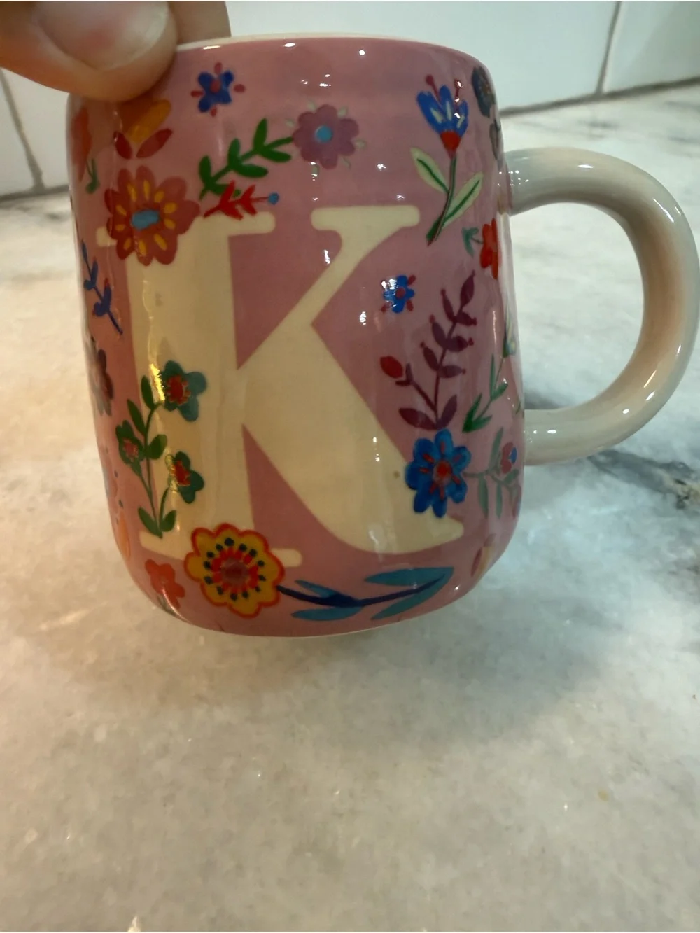 NATURAL LIFE Pink Floral 'K' Ceramic Mug - Cup of Happy
